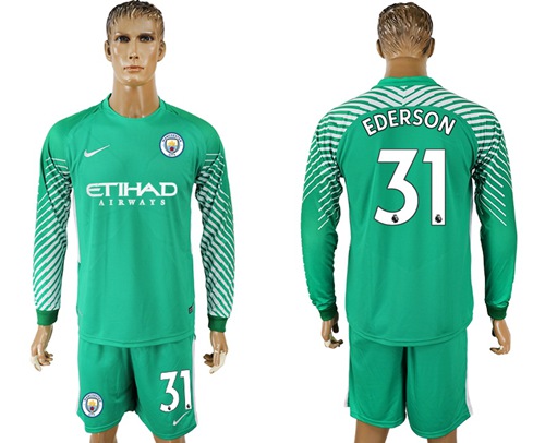 Manchester City #31 Ederson Green Goalkeeper Long Sleeves Soccer Club Jersey - Click Image to Close